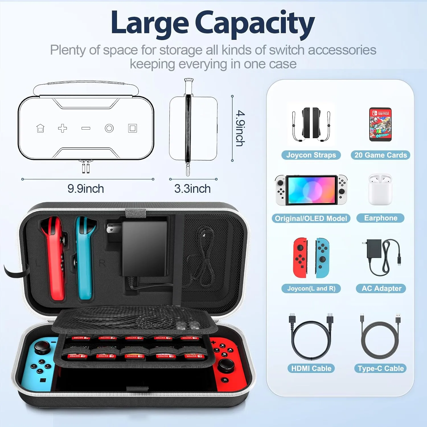 Switch OLED Carrying Case Compatible with Nintendo Switch & OLED, Portable Switch Travel Carry Case Fit for Joy-Con and Adapter, Hard Shell Protective Switch Pouch Bag with 20 Games, White