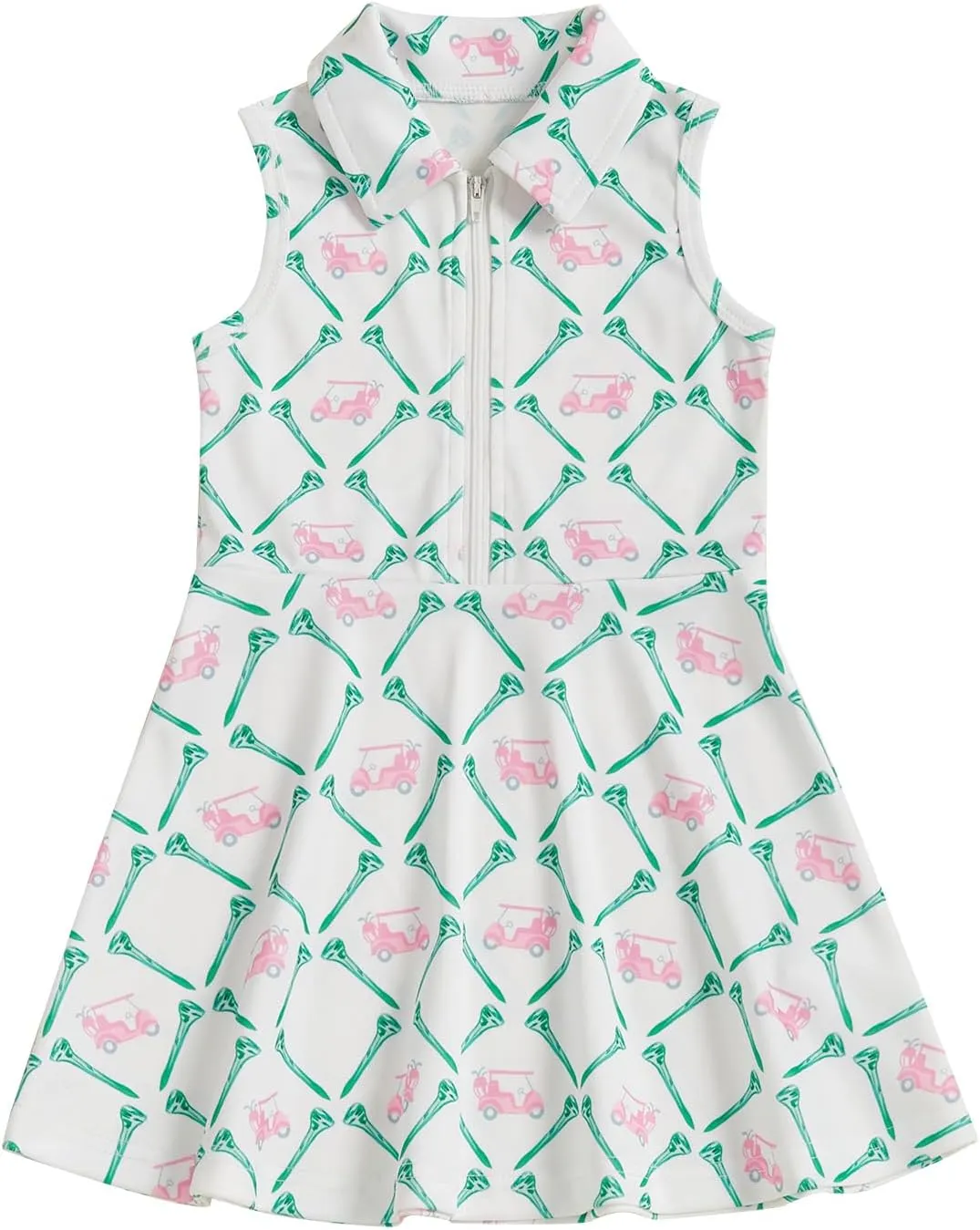 Toddler Baby Girl Golf Outfit Zip Collared Sleeveless Golf Cart Print Polo Tank Dress Infant Summer Birthday Dress
