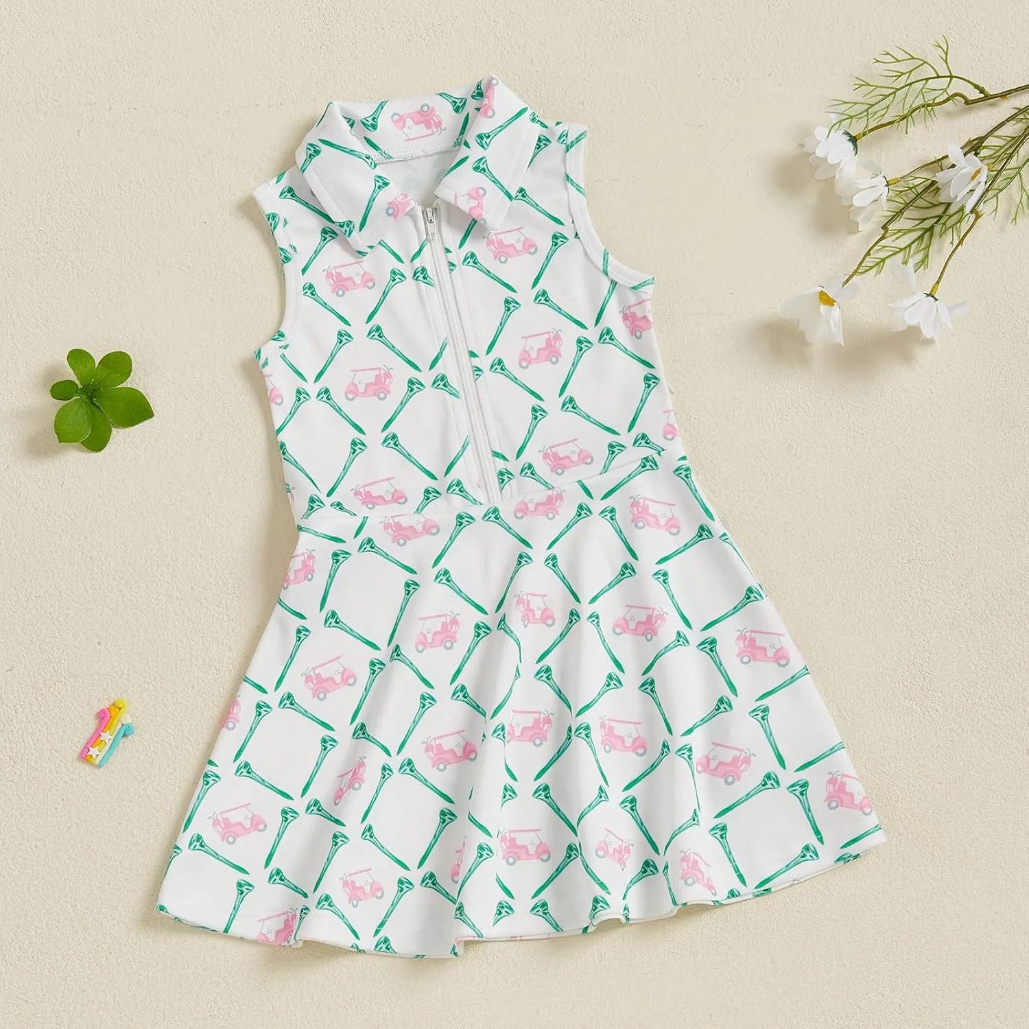 Toddler Baby Girl Golf Outfit Zip Collared Sleeveless Golf Cart Print Polo Tank Dress Infant Summer Birthday Dress