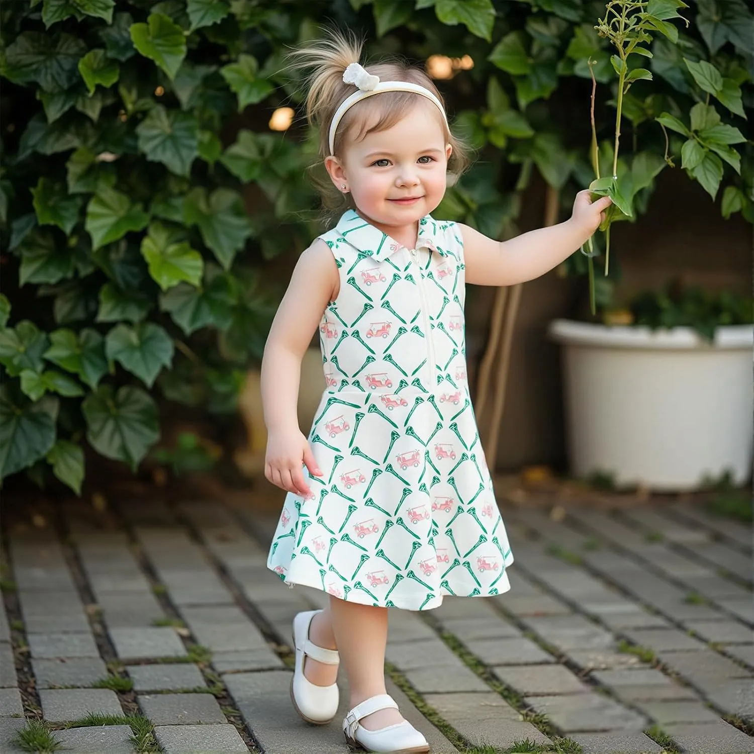 Toddler Baby Girl Golf Outfit Zip Collared Sleeveless Golf Cart Print Polo Tank Dress Infant Summer Birthday Dress