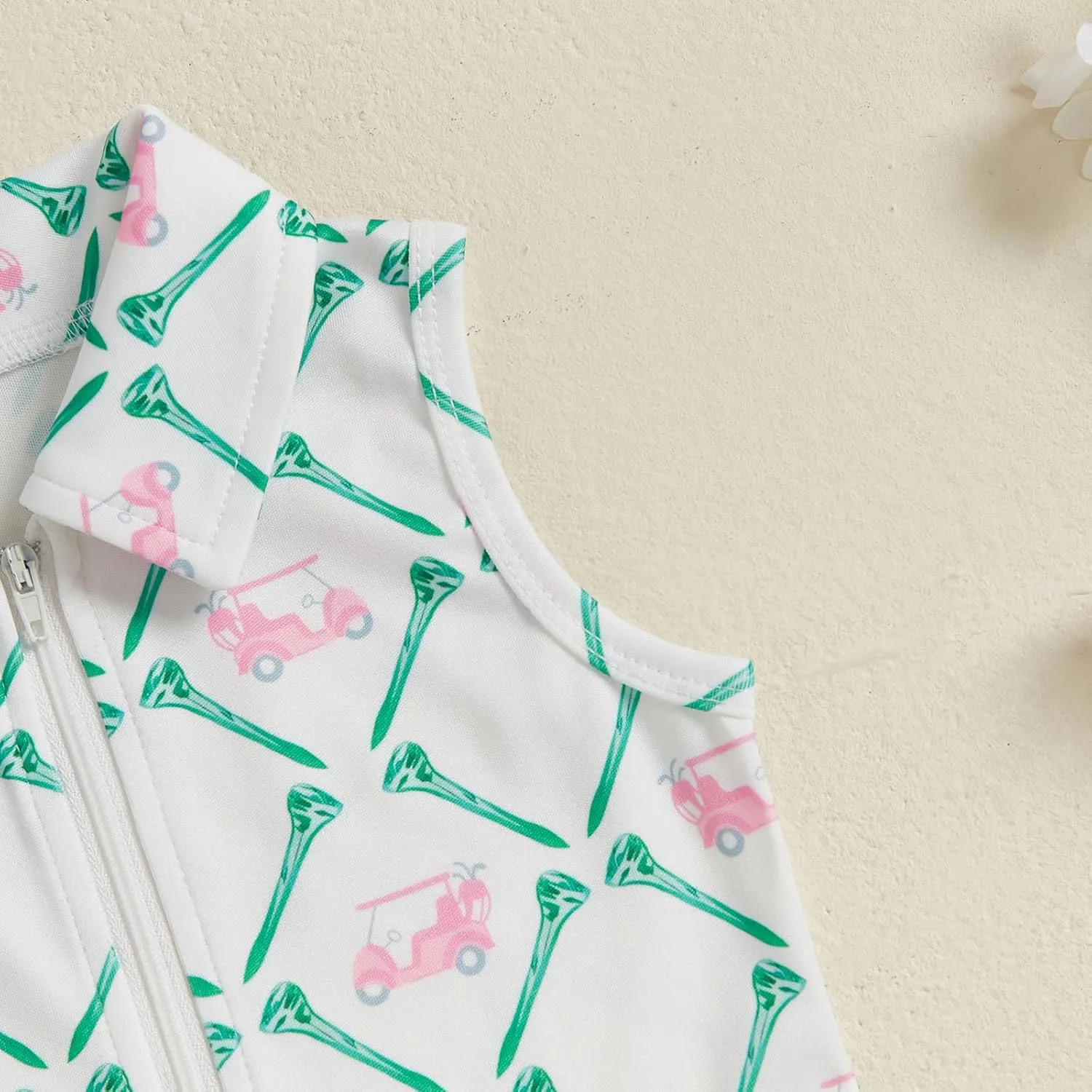 Toddler Baby Girl Golf Outfit Zip Collared Sleeveless Golf Cart Print Polo Tank Dress Infant Summer Birthday Dress