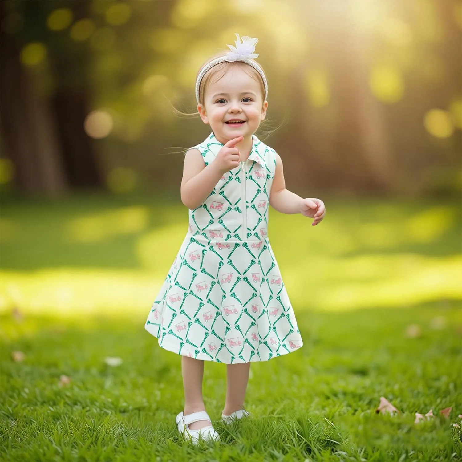 Toddler Baby Girl Golf Outfit Zip Collared Sleeveless Golf Cart Print Polo Tank Dress Infant Summer Birthday Dress