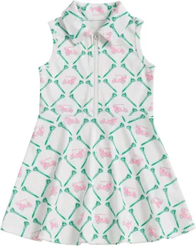 Toddler Baby Girl Golf Outfit Zip Collared Sleeveless Golf Cart Print Polo Tank Dress Infant Summer Birthday Dress
