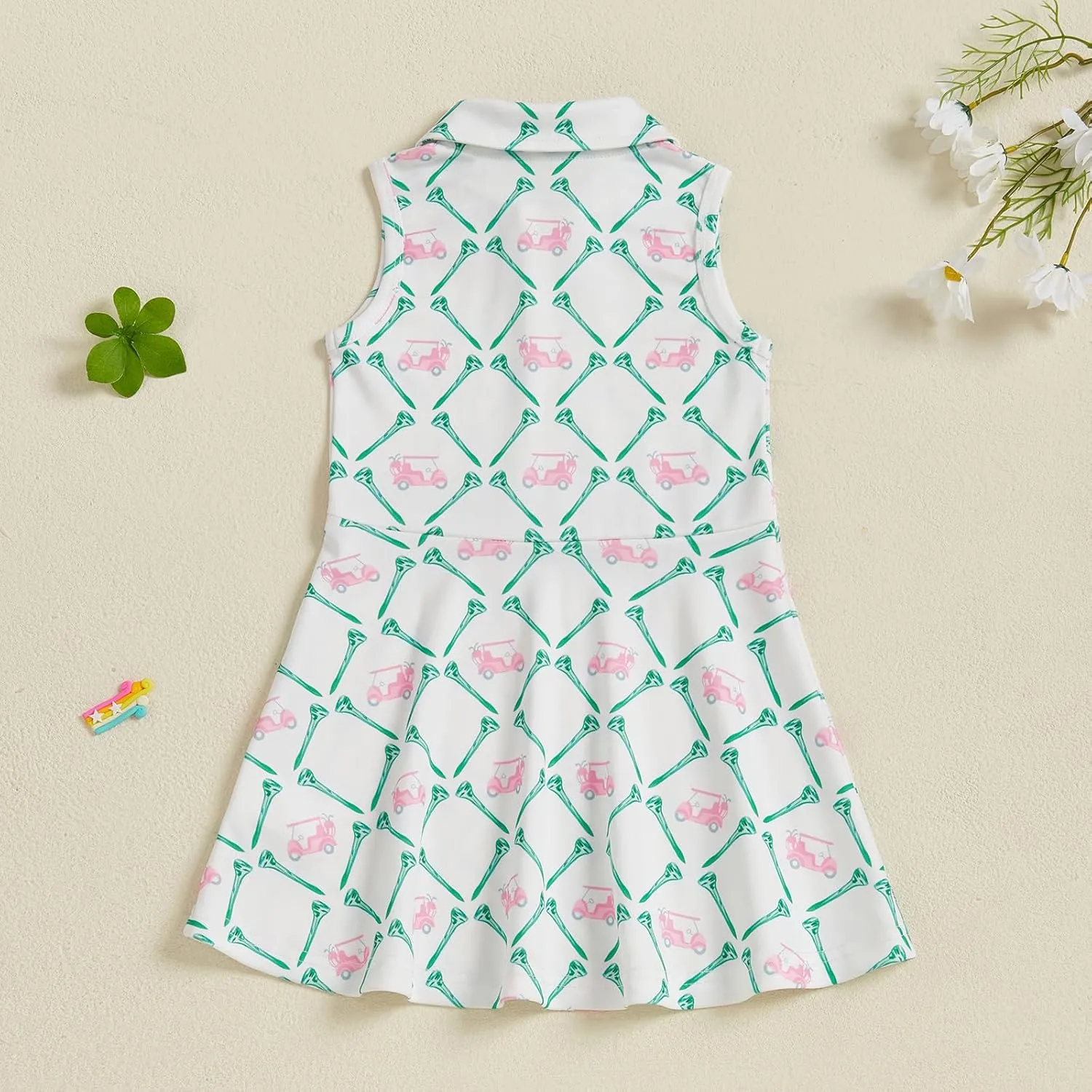 Toddler Baby Girl Golf Outfit Zip Collared Sleeveless Golf Cart Print Polo Tank Dress Infant Summer Birthday Dress