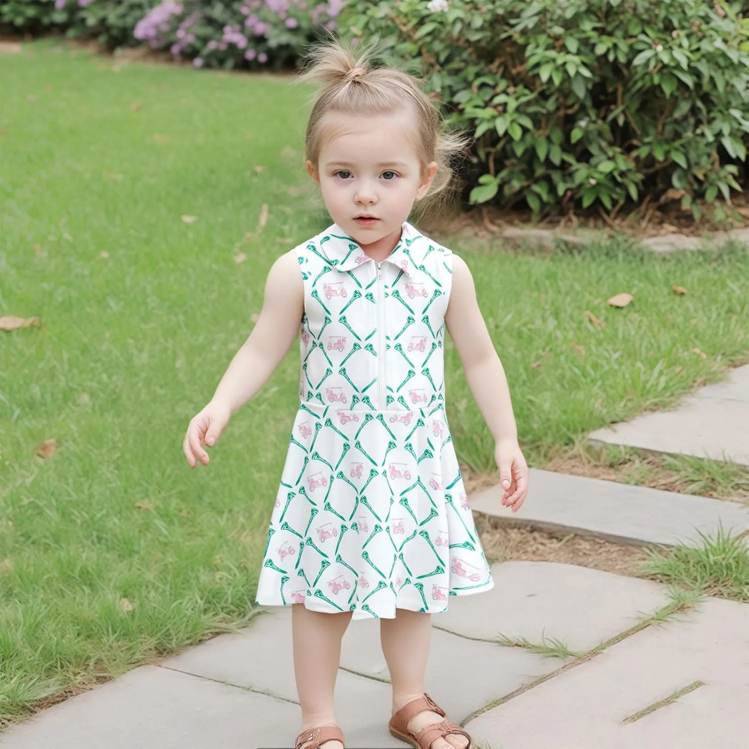 Toddler Baby Girl Golf Outfit Zip Collared Sleeveless Golf Cart Print Polo Tank Dress Infant Summer Birthday Dress