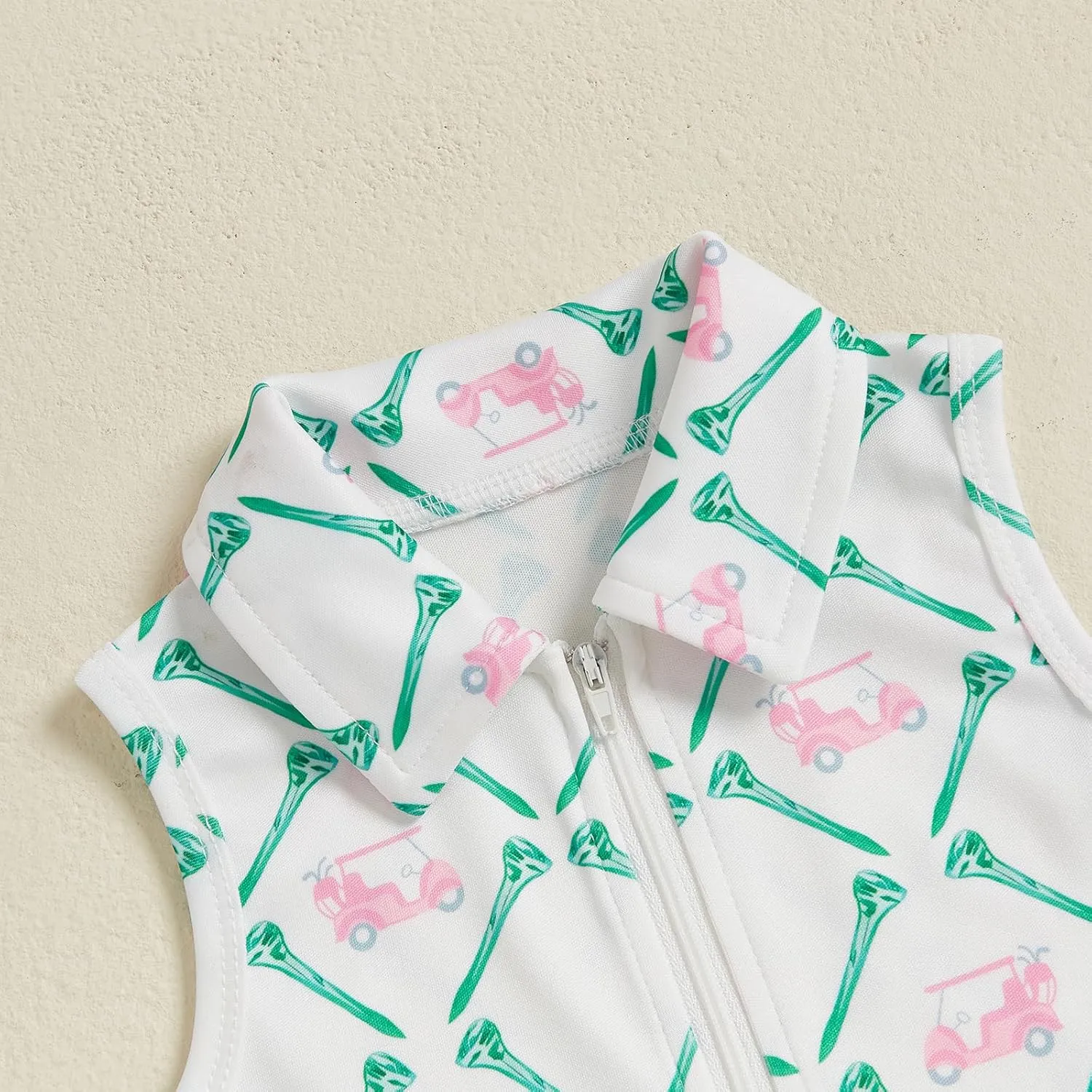 Toddler Baby Girl Golf Outfit Zip Collared Sleeveless Golf Cart Print Polo Tank Dress Infant Summer Birthday Dress