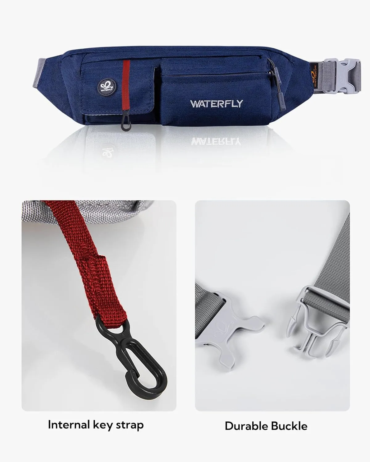 WATERFLY Fanny Pack for Women Men Water Resistant Small Waist Pouch Slim Belt Bag with 4 Pockets for Running Travelling Hiking Walking Lightweight Crossbody Chest Bag Fit All Phones