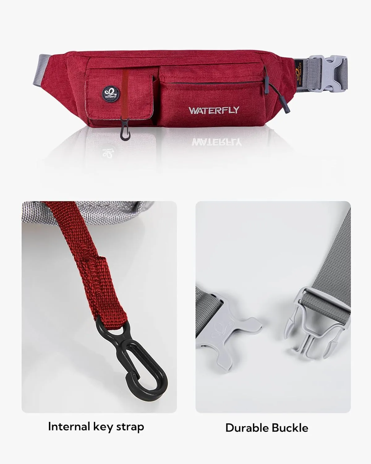 WATERFLY Fanny Pack for Women Men Water Resistant Small Waist Pouch Slim Belt Bag with 4 Pockets for Running Travelling Hiking Walking Lightweight Crossbody Chest Bag Fit All Phones