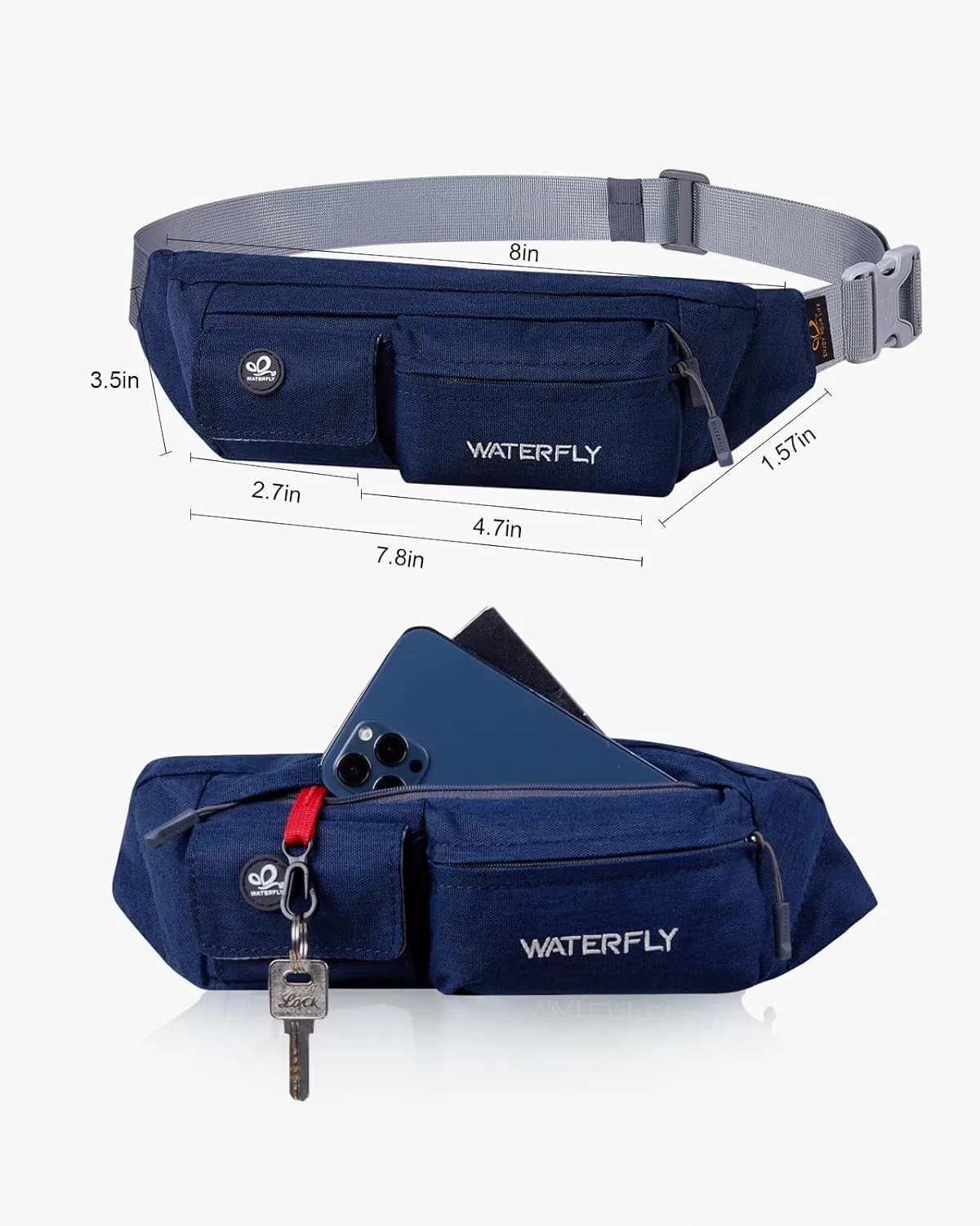 WATERFLY Fanny Pack for Women Men Water Resistant Small Waist Pouch Slim Belt Bag with 4 Pockets for Running Travelling Hiking Walking Lightweight Crossbody Chest Bag Fit All Phones