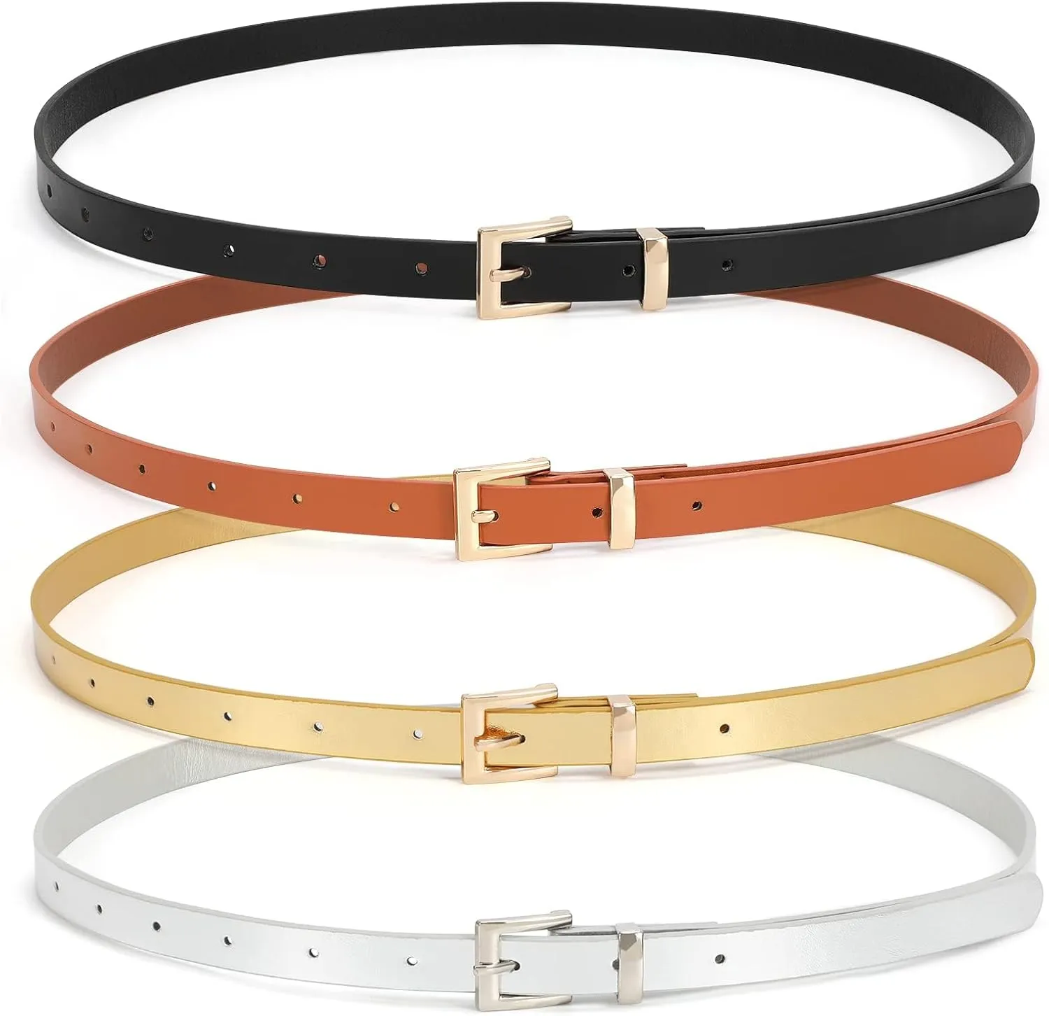 WHIPPY Set of 4Women Skinny Leather Belt Thin Waist Belt with Metal Buckle for Pants Jeans Dresses
