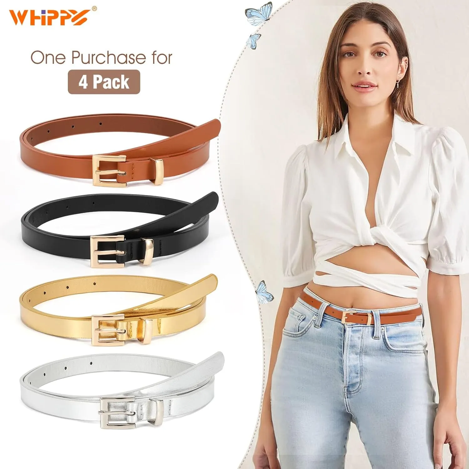 WHIPPY Set of 4Women Skinny Leather Belt Thin Waist Belt with Metal Buckle for Pants Jeans Dresses