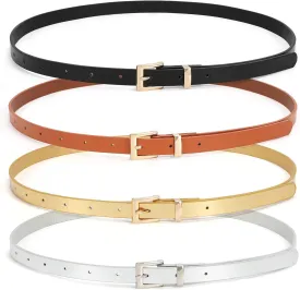 WHIPPY Set of 4Women Skinny Leather Belt Thin Waist Belt with Metal Buckle for Pants Jeans Dresses