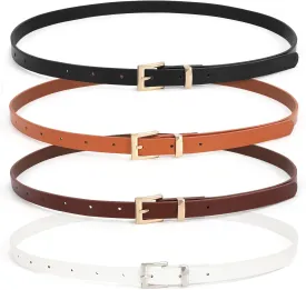 WHIPPY Set of 4Women Skinny Leather Belt Thin Waist Belt with Metal Buckle for Pants Jeans Dresses