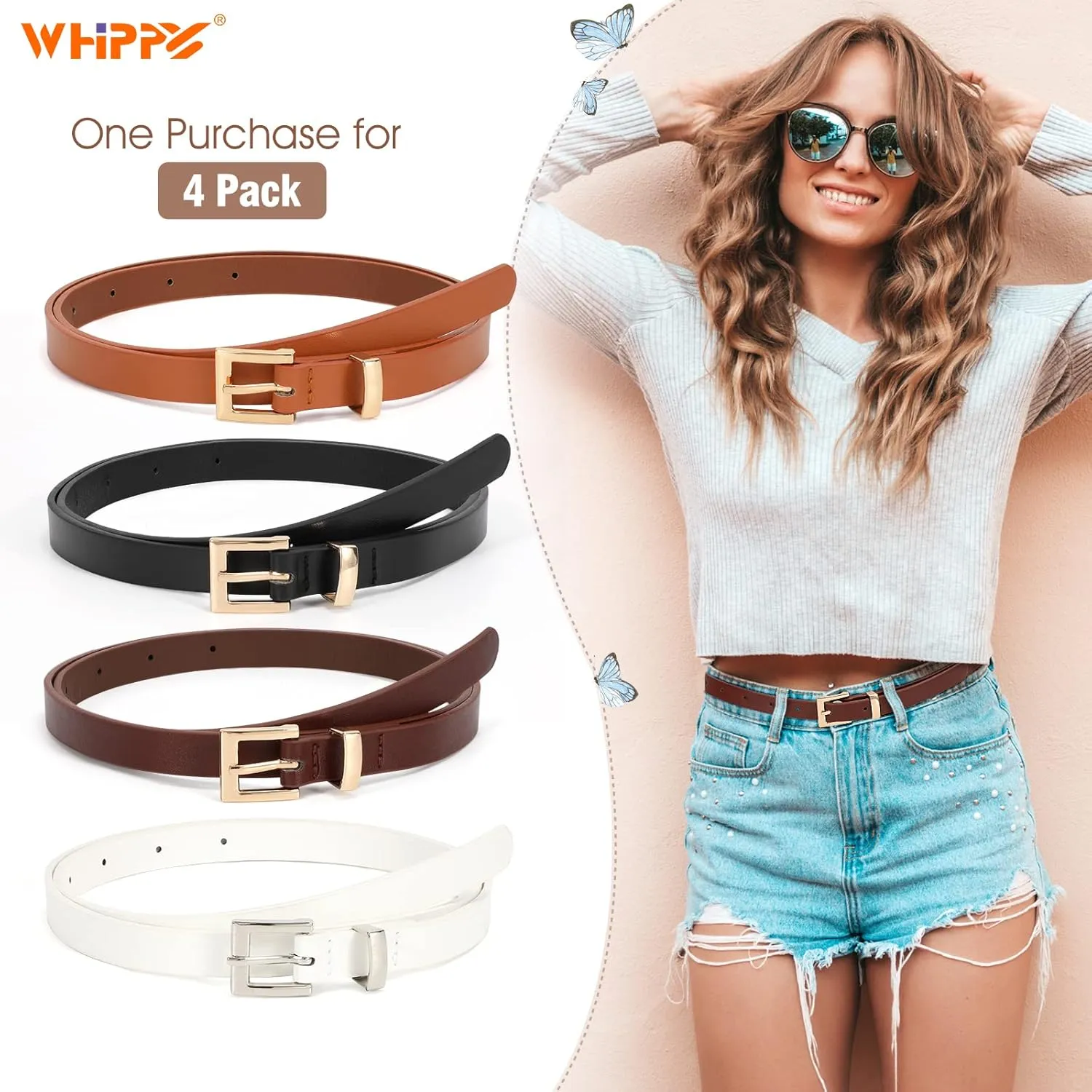 WHIPPY Set of 4Women Skinny Leather Belt Thin Waist Belt with Metal Buckle for Pants Jeans Dresses