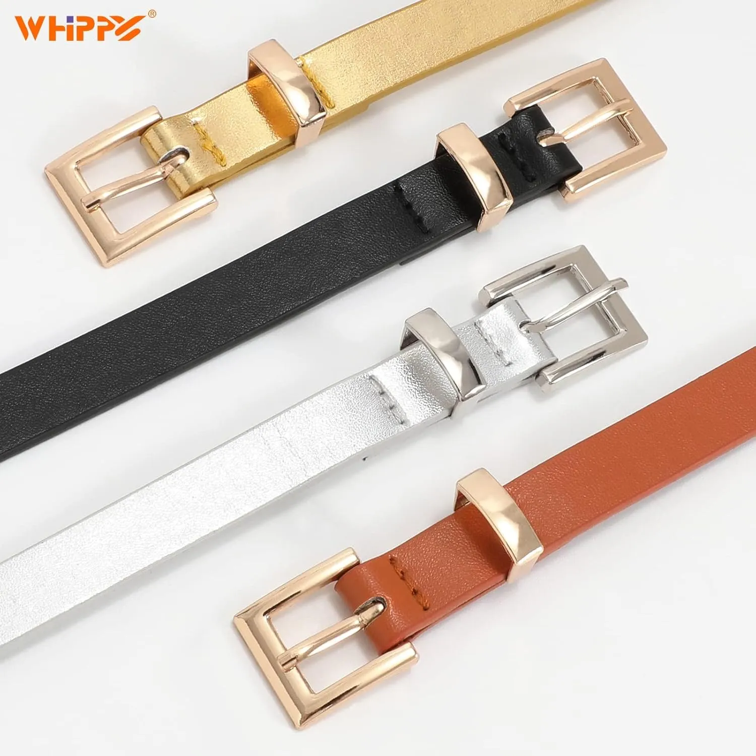 WHIPPY Set of 4Women Skinny Leather Belt Thin Waist Belt with Metal Buckle for Pants Jeans Dresses
