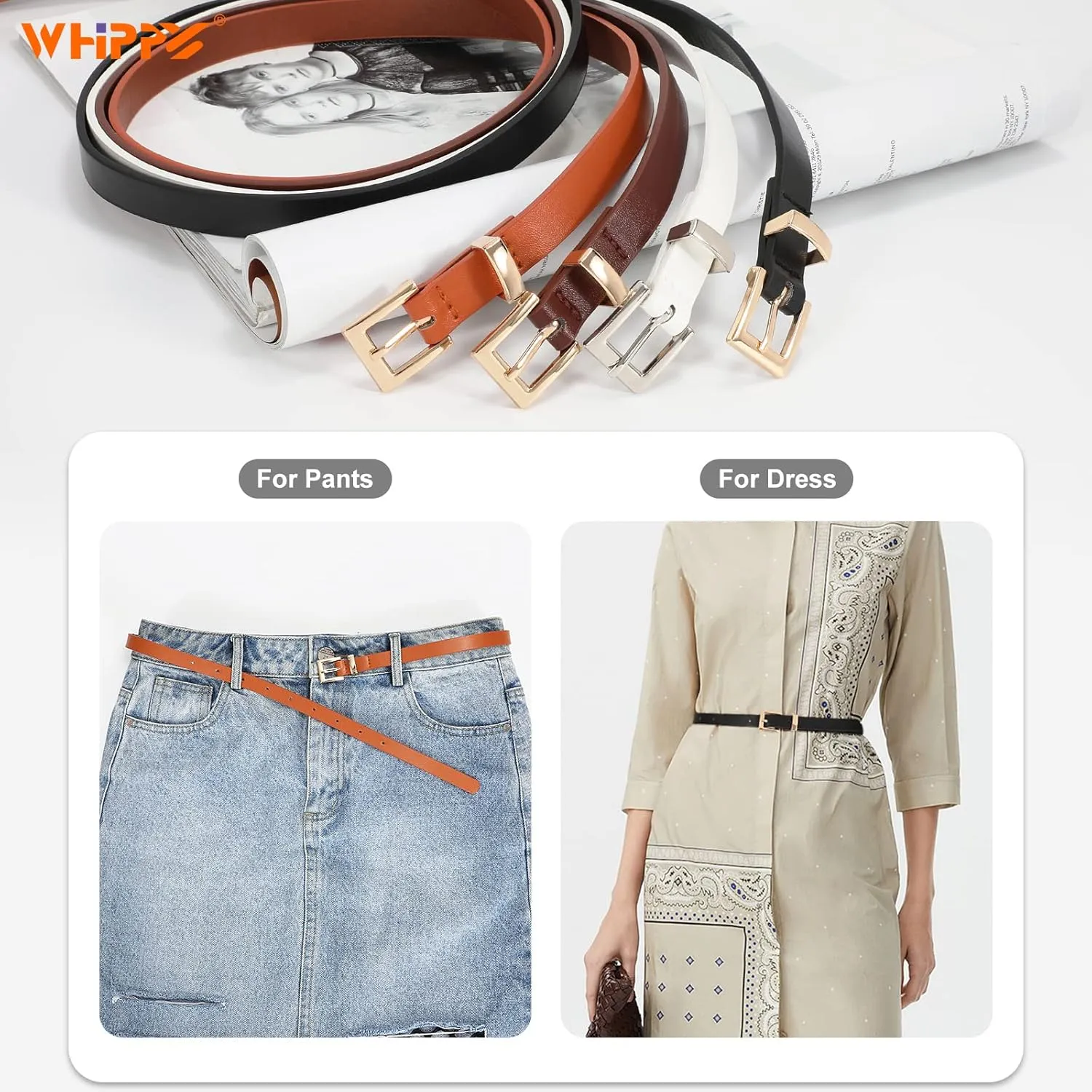 WHIPPY Set of 4Women Skinny Leather Belt Thin Waist Belt with Metal Buckle for Pants Jeans Dresses