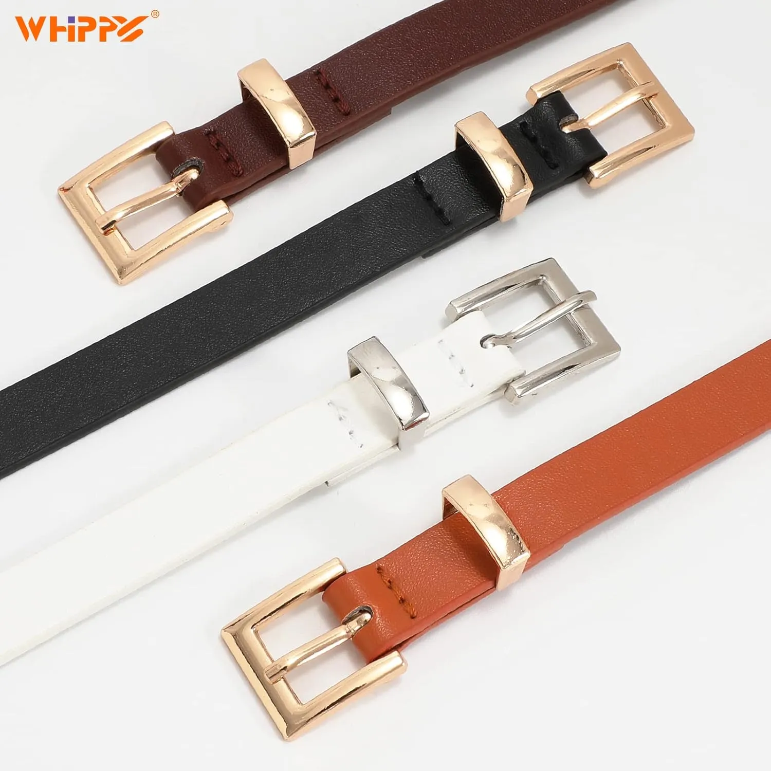 WHIPPY Set of 4Women Skinny Leather Belt Thin Waist Belt with Metal Buckle for Pants Jeans Dresses