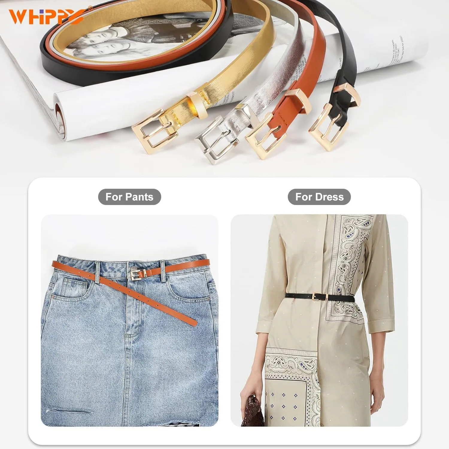 WHIPPY Set of 4Women Skinny Leather Belt Thin Waist Belt with Metal Buckle for Pants Jeans Dresses