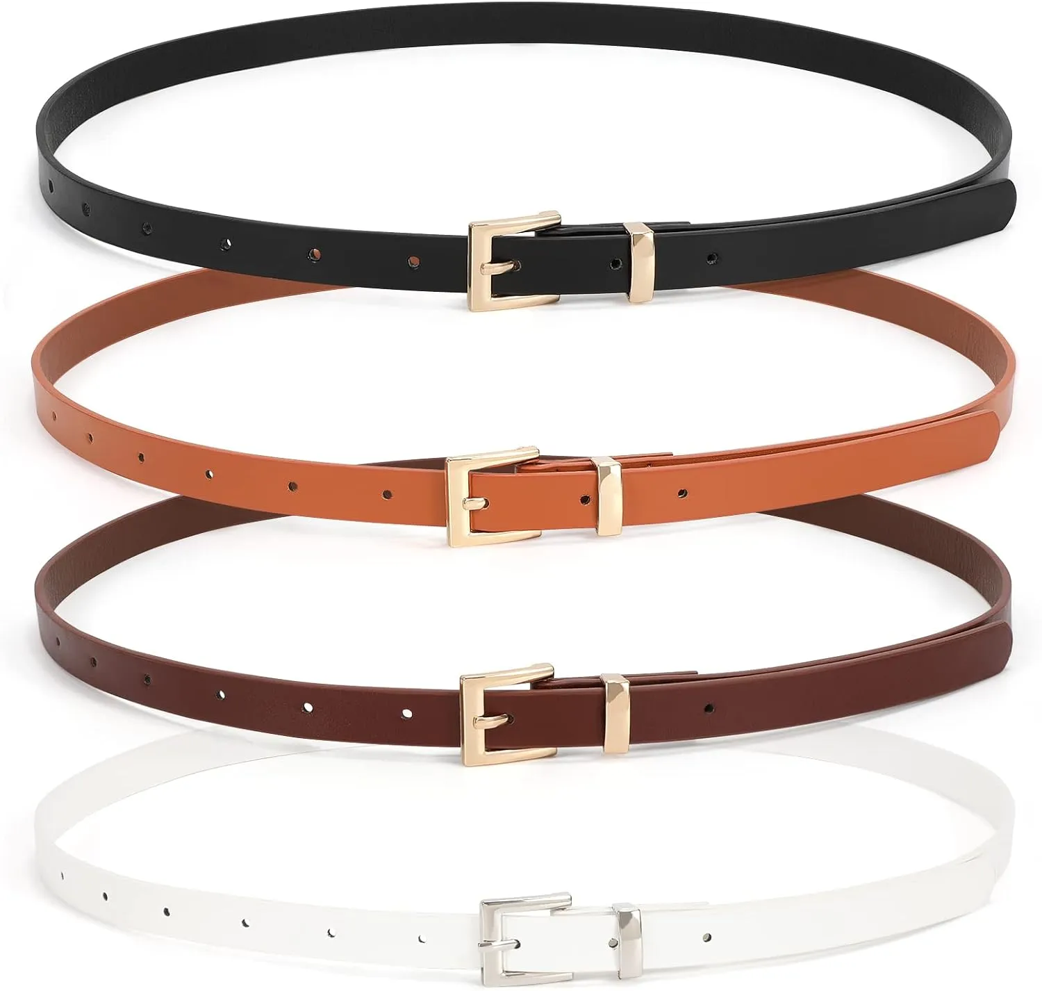 WHIPPY Set of 4Women Skinny Leather Belt Thin Waist Belt with Metal Buckle for Pants Jeans Dresses