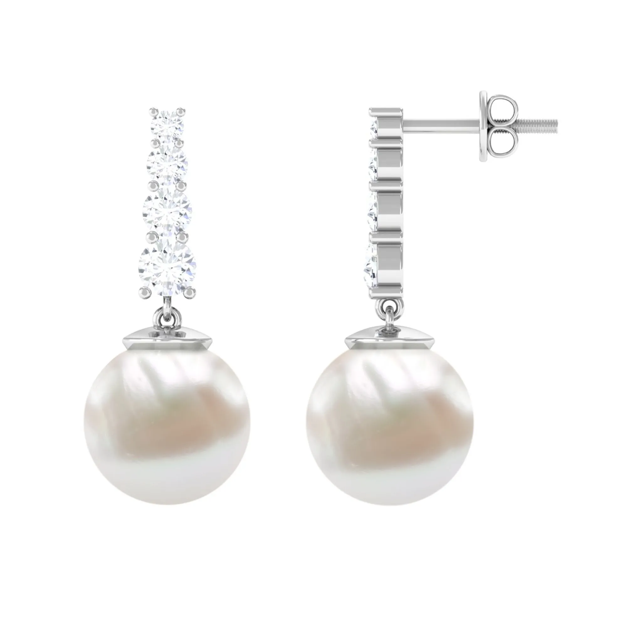 White Freshwater Pearl Drop Earrings with Diamond Bar
