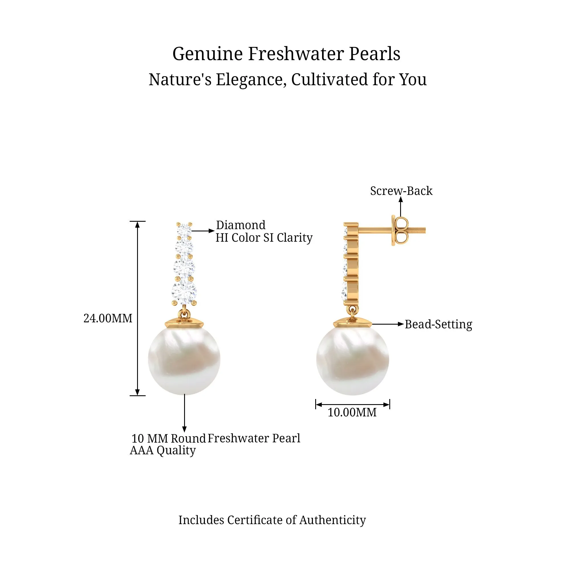 White Freshwater Pearl Drop Earrings with Diamond Bar