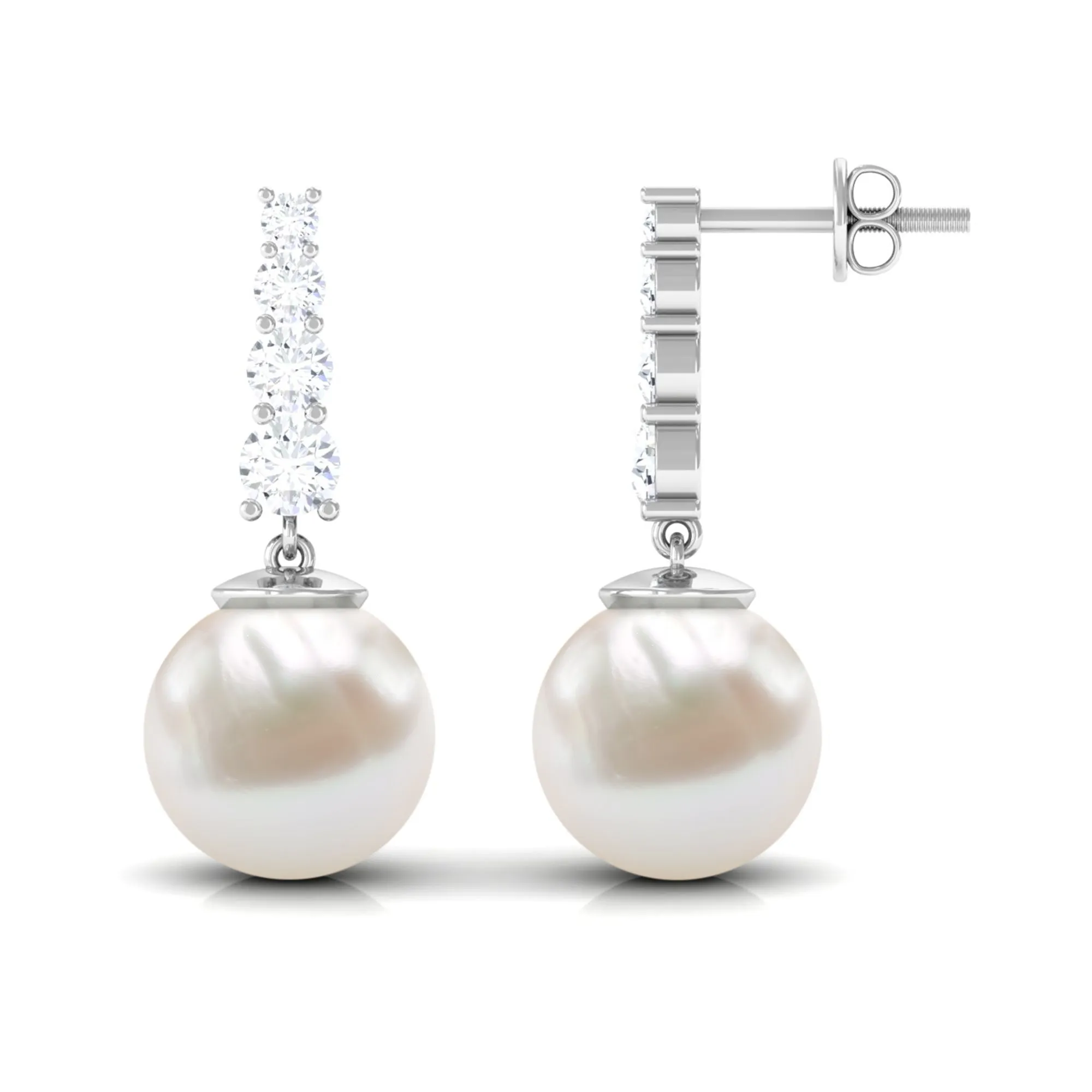 White Freshwater Pearl Drop Earrings with Diamond Bar