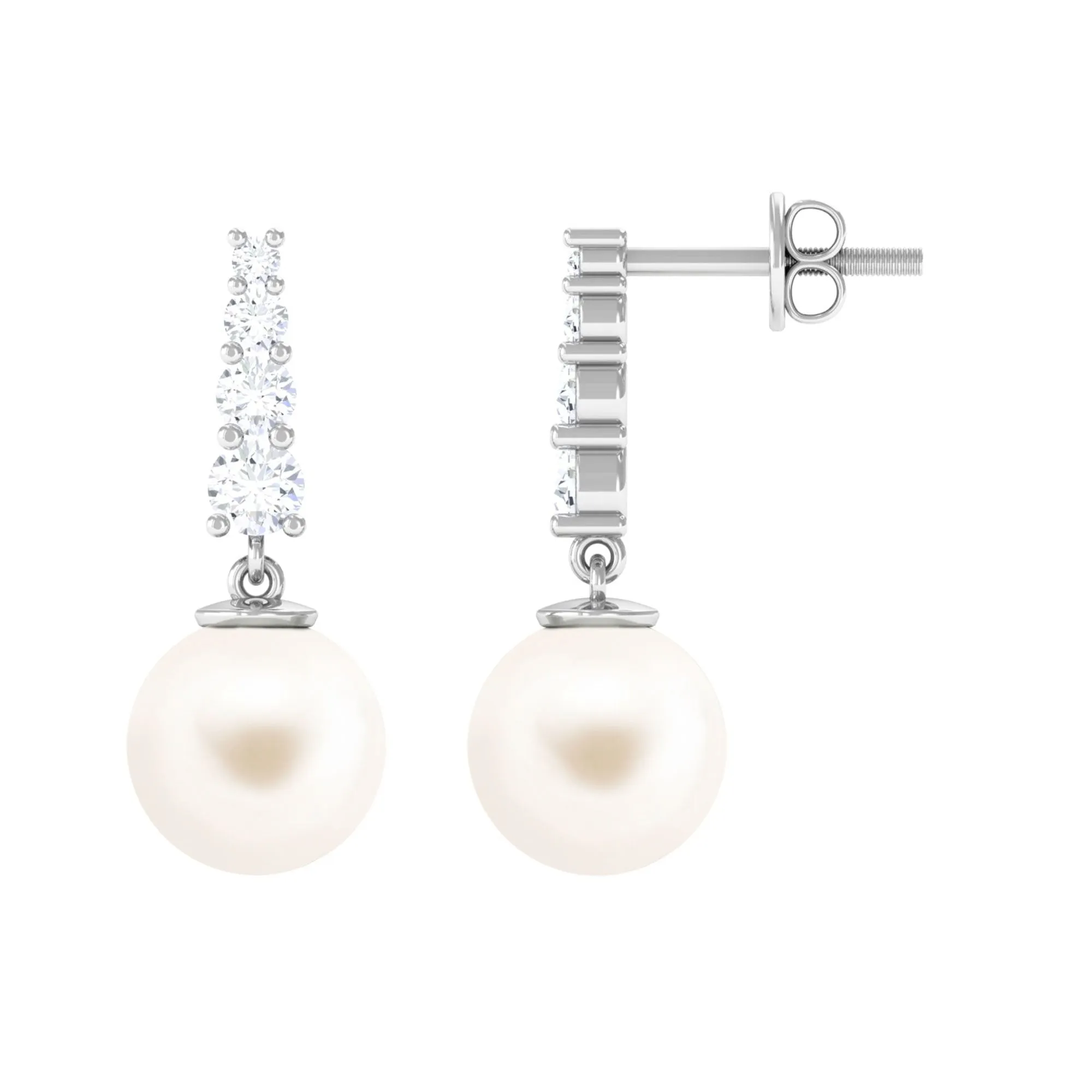 White Freshwater Pearl Drop Earrings with Diamond Bar