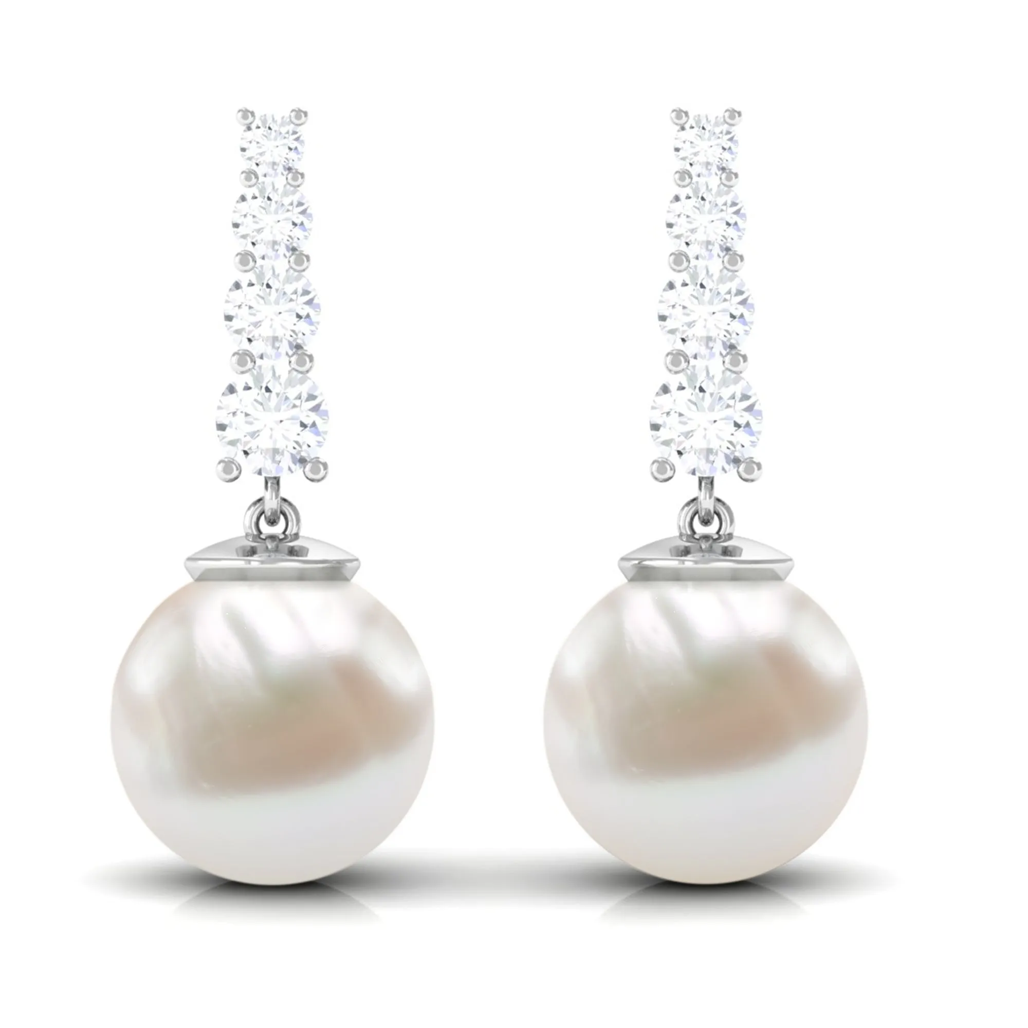 White Freshwater Pearl Drop Earrings with Diamond Bar