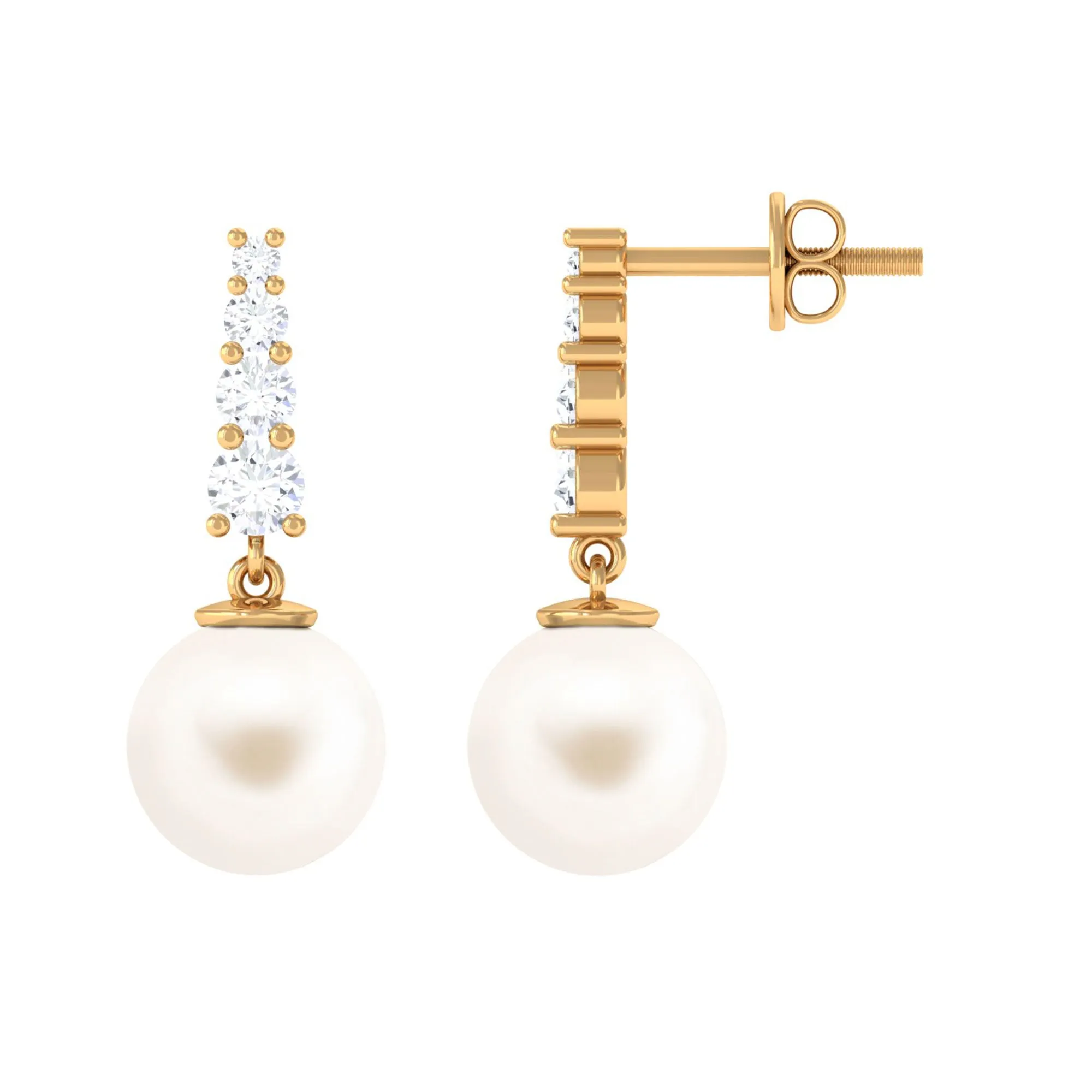 White Freshwater Pearl Drop Earrings with Diamond Bar