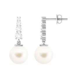 White Freshwater Pearl Drop Earrings with Diamond Bar