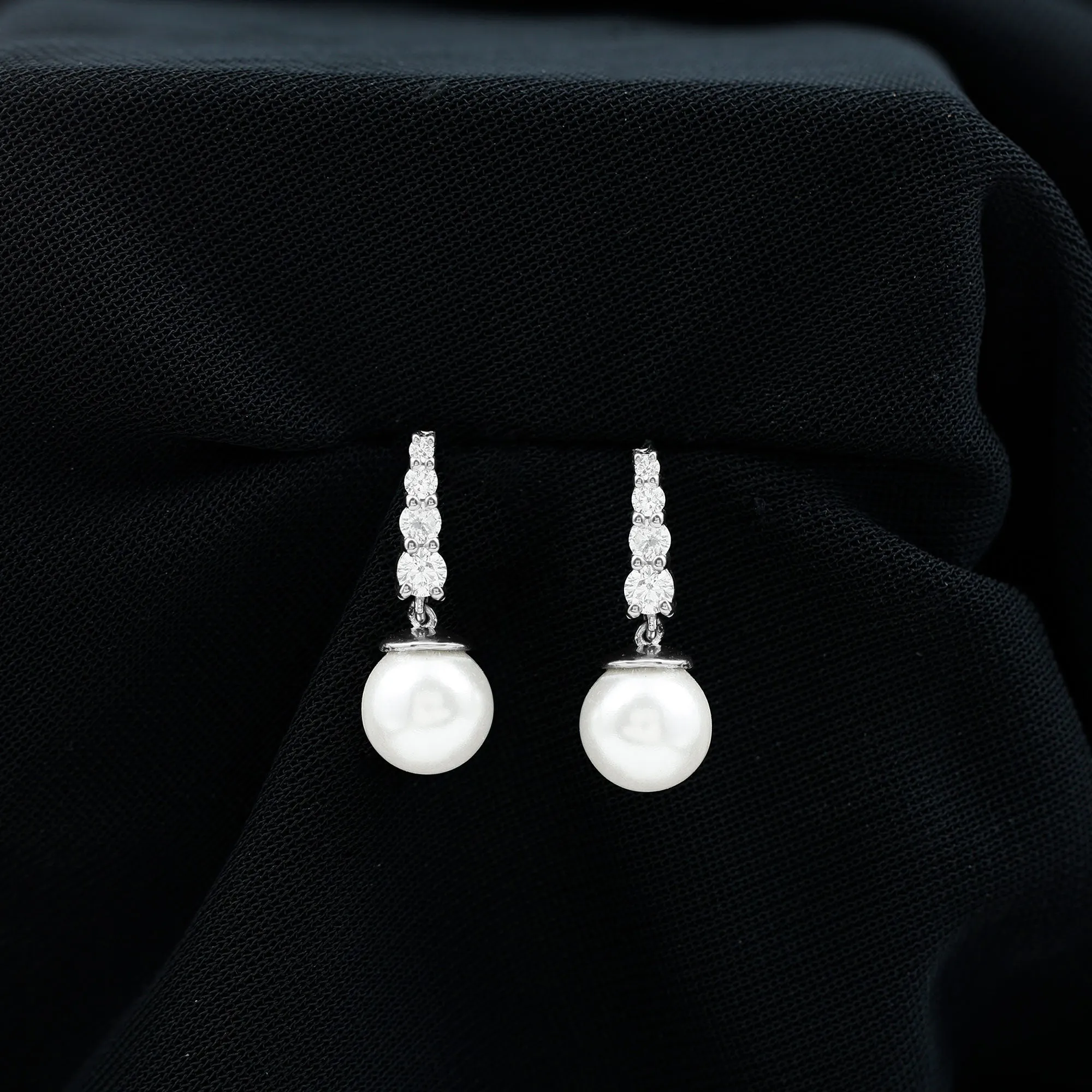 White Freshwater Pearl Drop Earrings with Diamond Bar