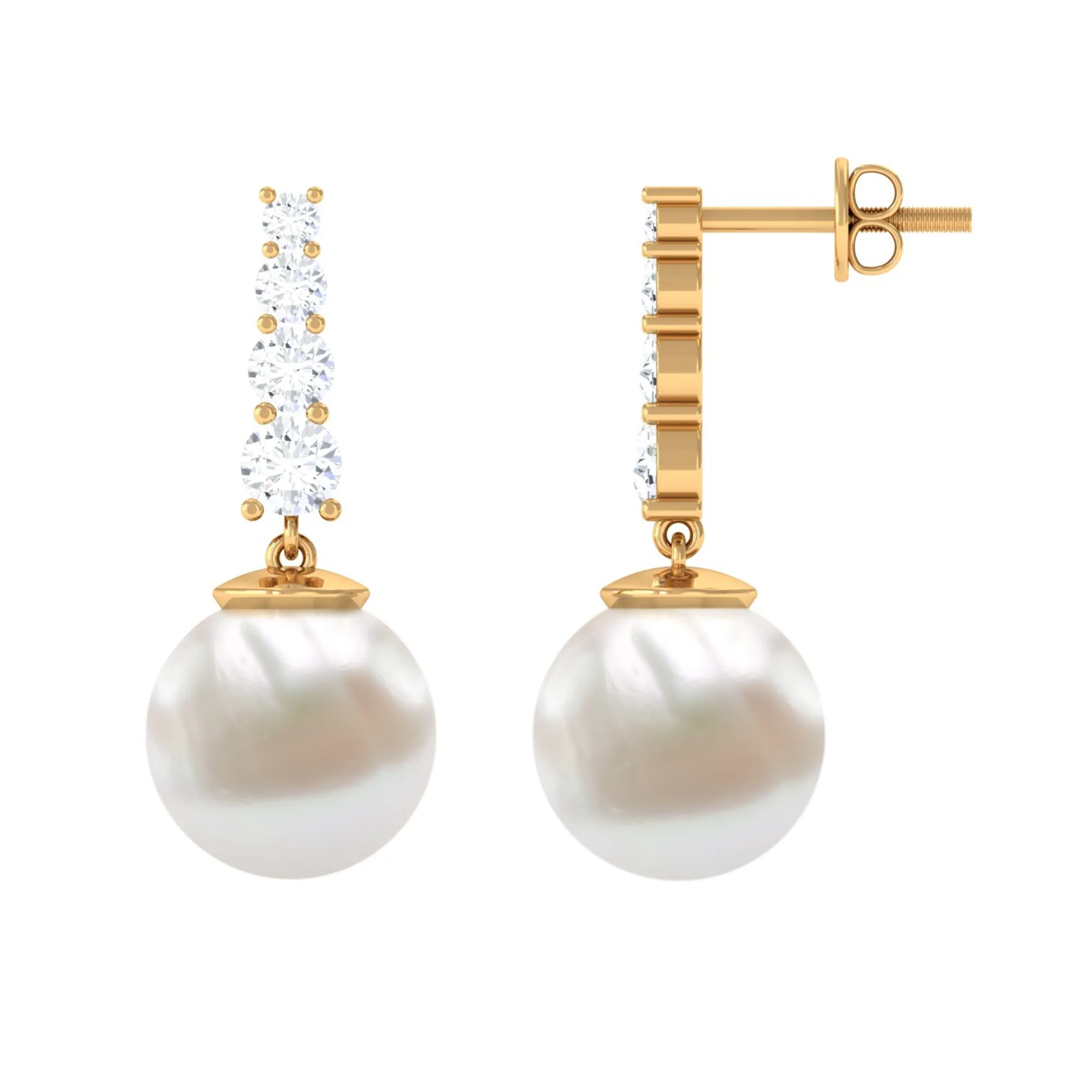 White Freshwater Pearl Drop Earrings with Diamond Bar