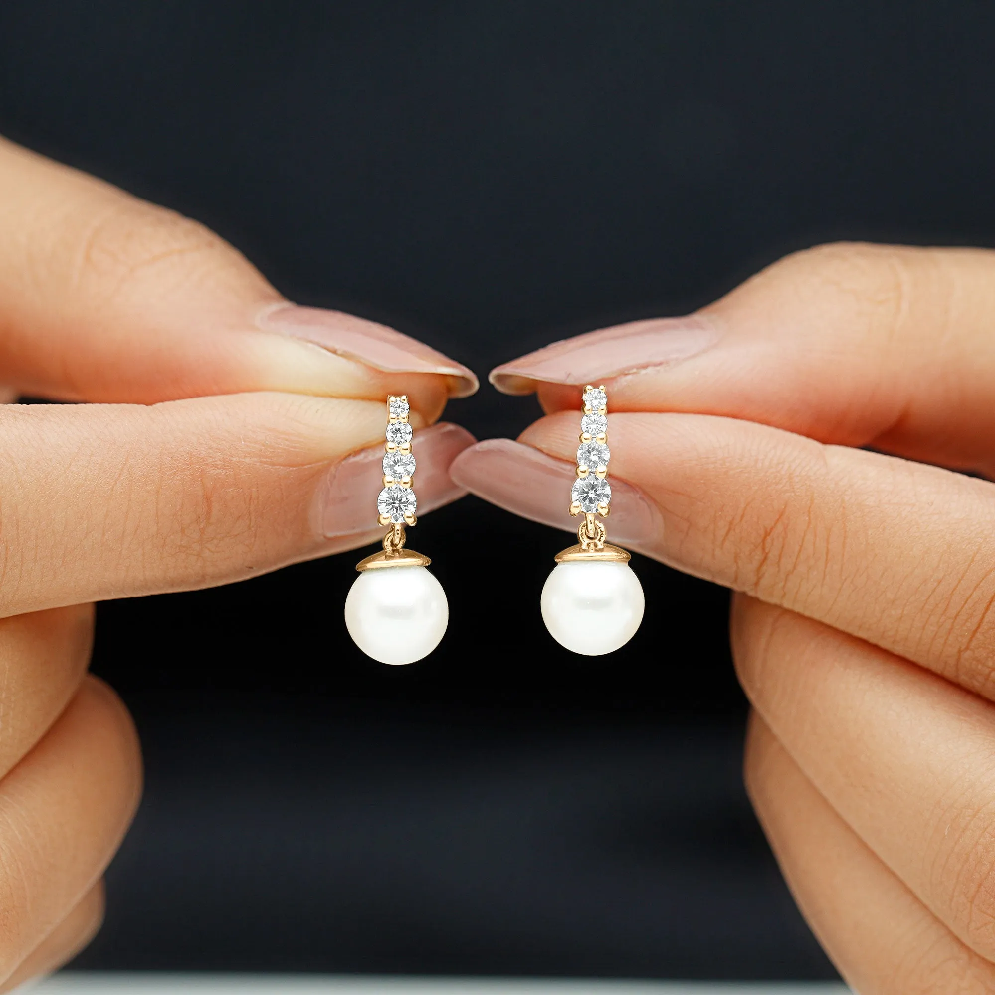 White Freshwater Pearl Drop Earrings with Diamond Bar