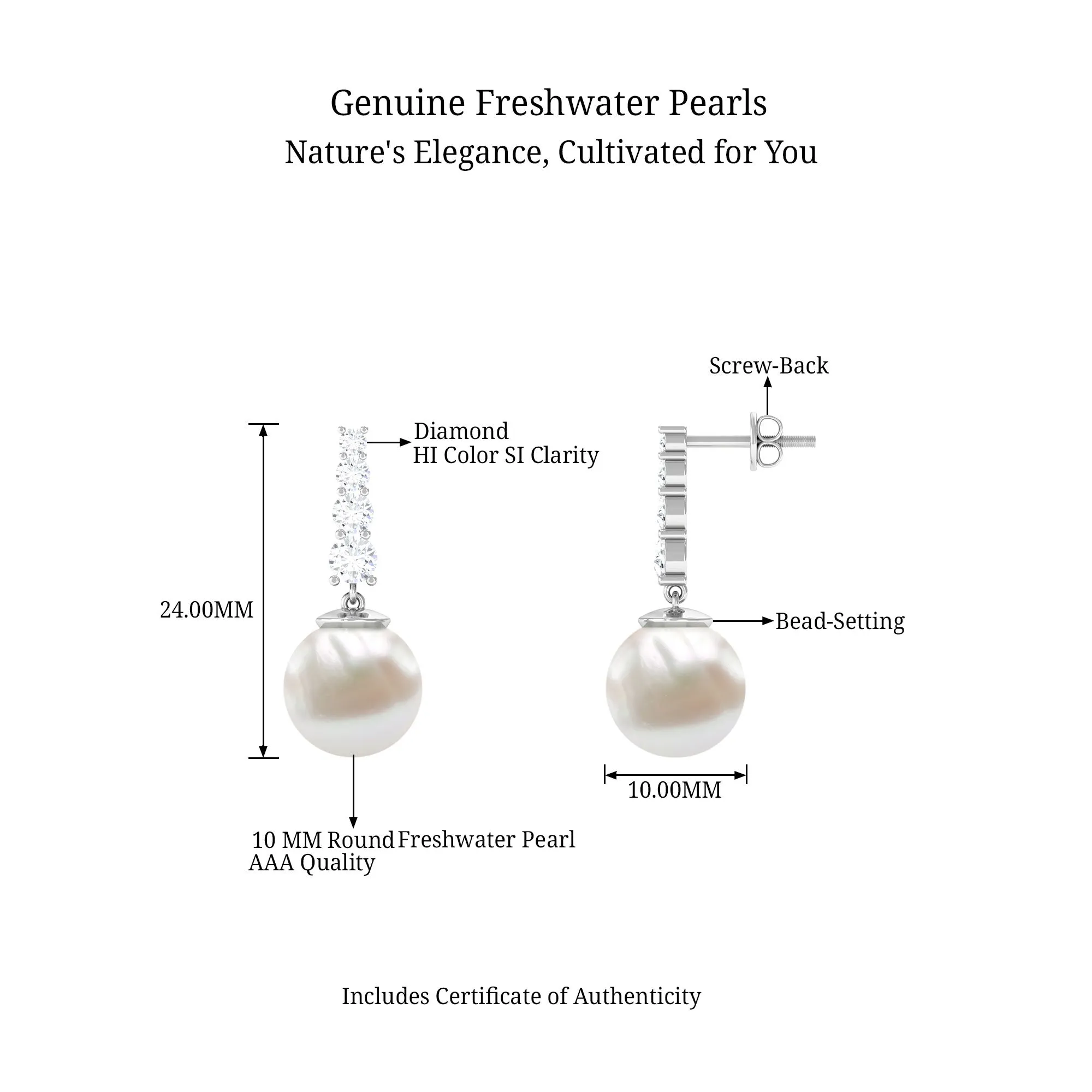 White Freshwater Pearl Drop Earrings with Diamond Bar