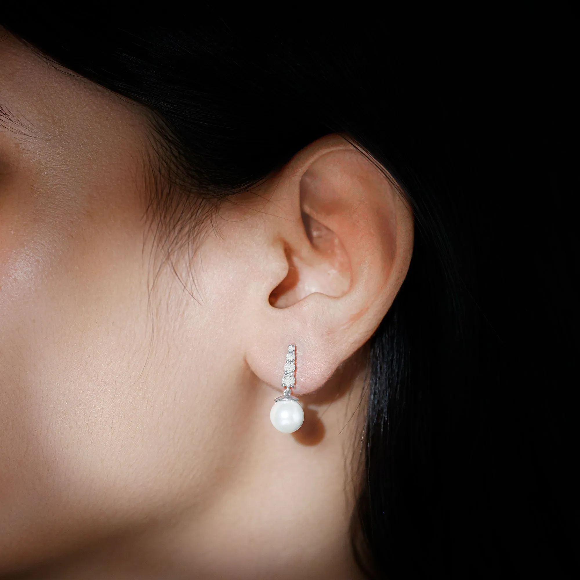 White Freshwater Pearl Drop Earrings with Diamond Bar