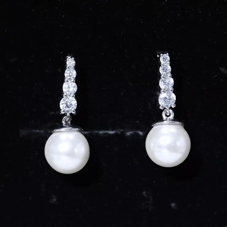 White Freshwater Pearl Drop Earrings with Diamond Bar