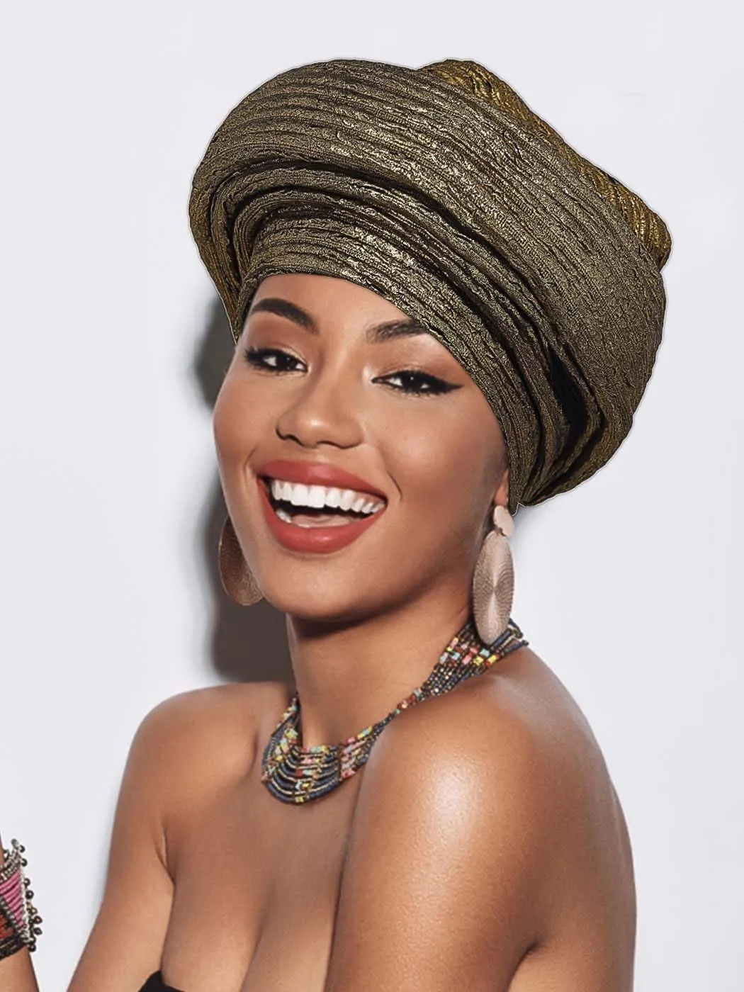 Woeoe Pre-Tied African Hats Gold Auto Gele African Head Wraps Church Turban for Women