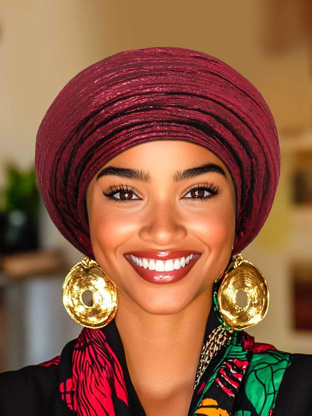 Woeoe Pre-Tied African Hats Gold Auto Gele African Head Wraps Church Turban for Women