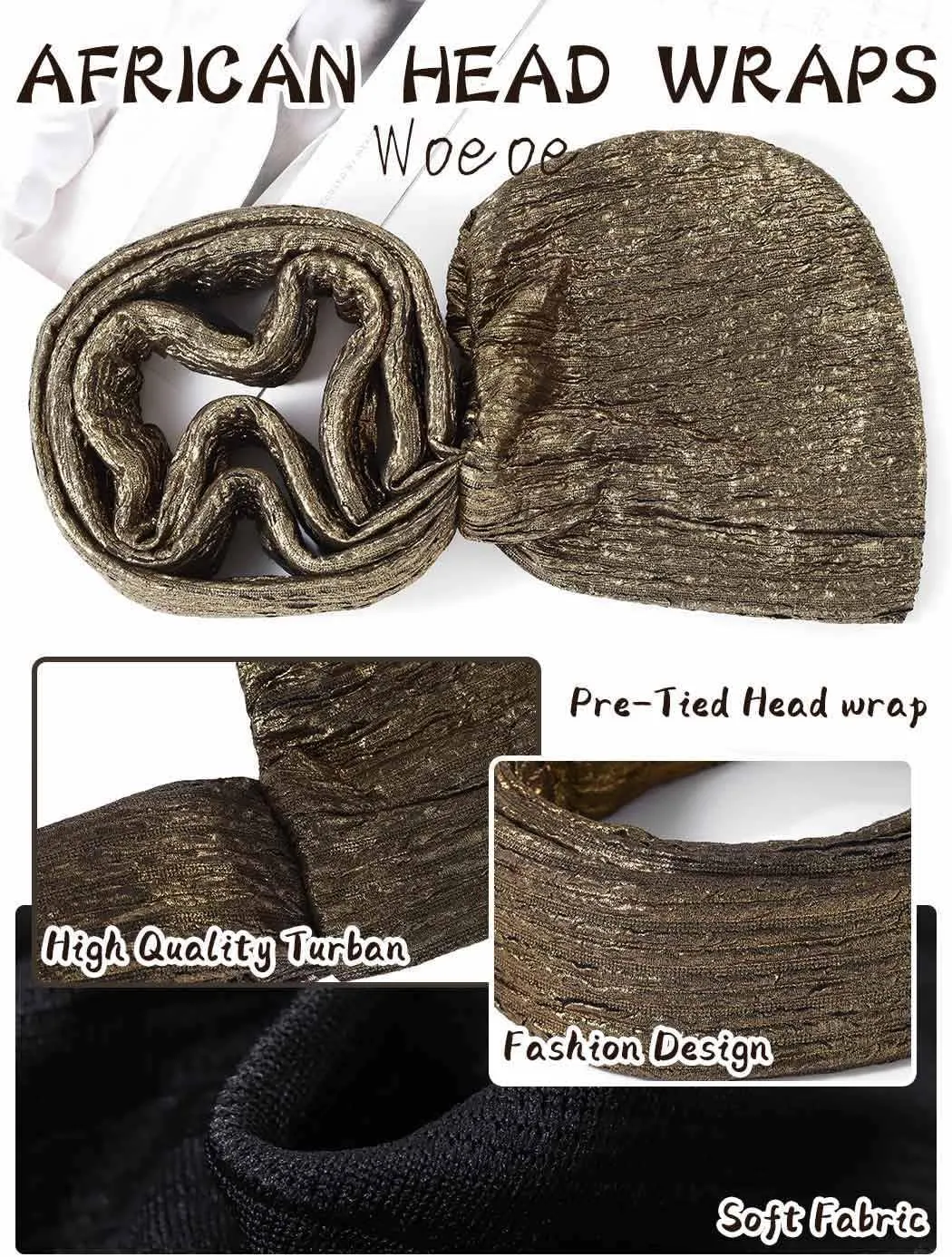 Woeoe Pre-Tied African Hats Gold Auto Gele African Head Wraps Church Turban for Women
