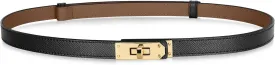 Women's Leather Thin Belt with Adjustable Turnlock Buckle for Dresses, Jeans and Jackets