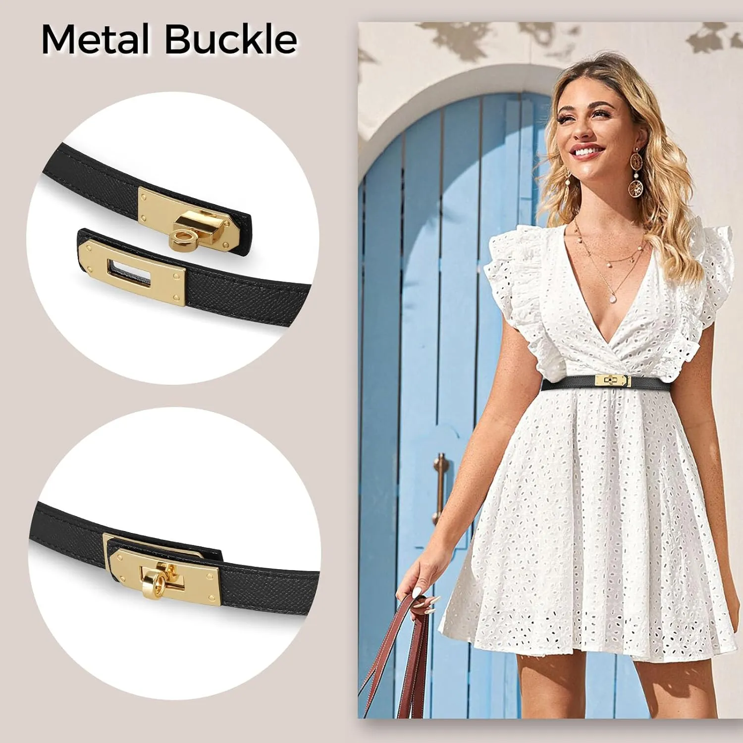 Women's Leather Thin Belt with Adjustable Turnlock Buckle for Dresses, Jeans and Jackets