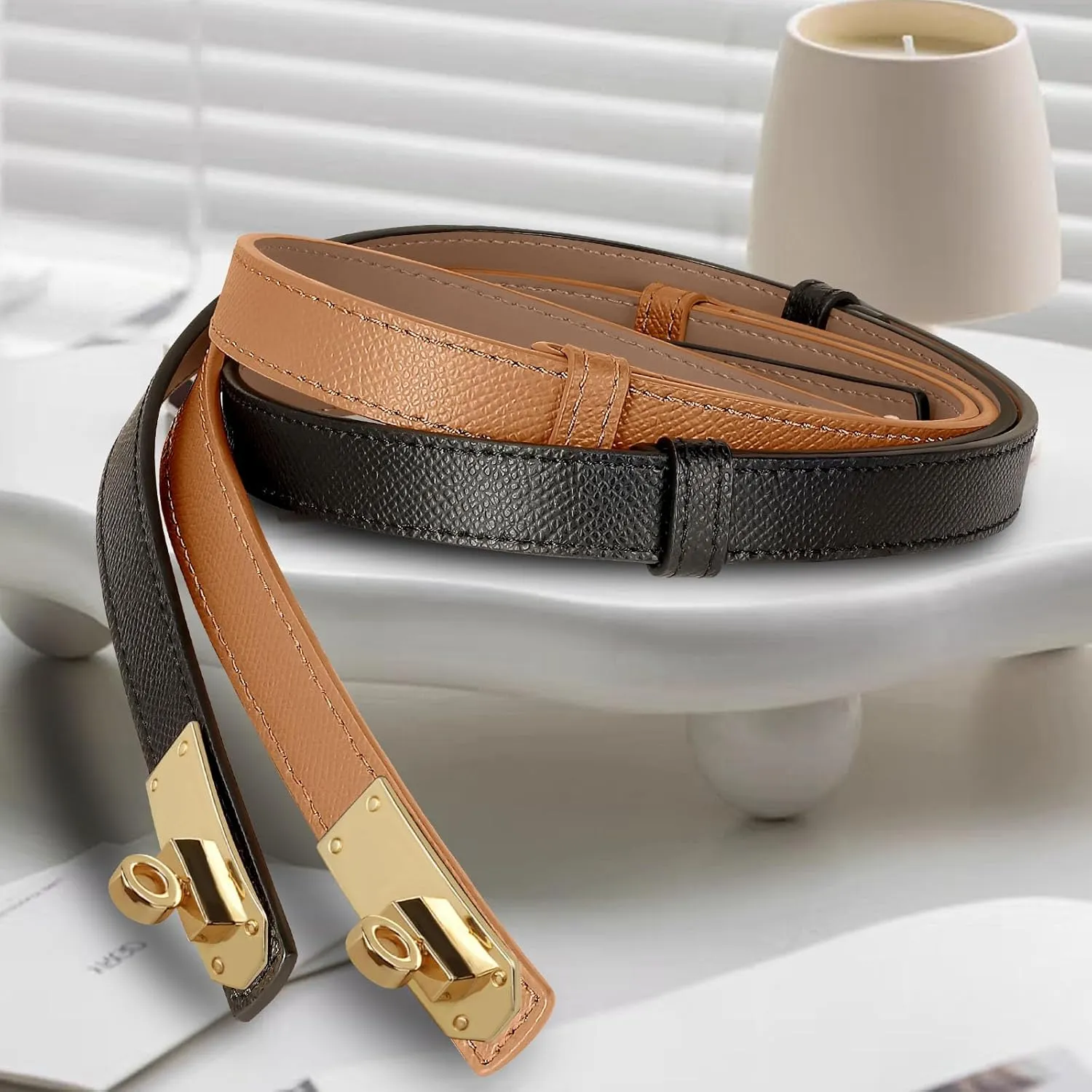 Women's Leather Thin Belt with Adjustable Turnlock Buckle for Dresses, Jeans and Jackets