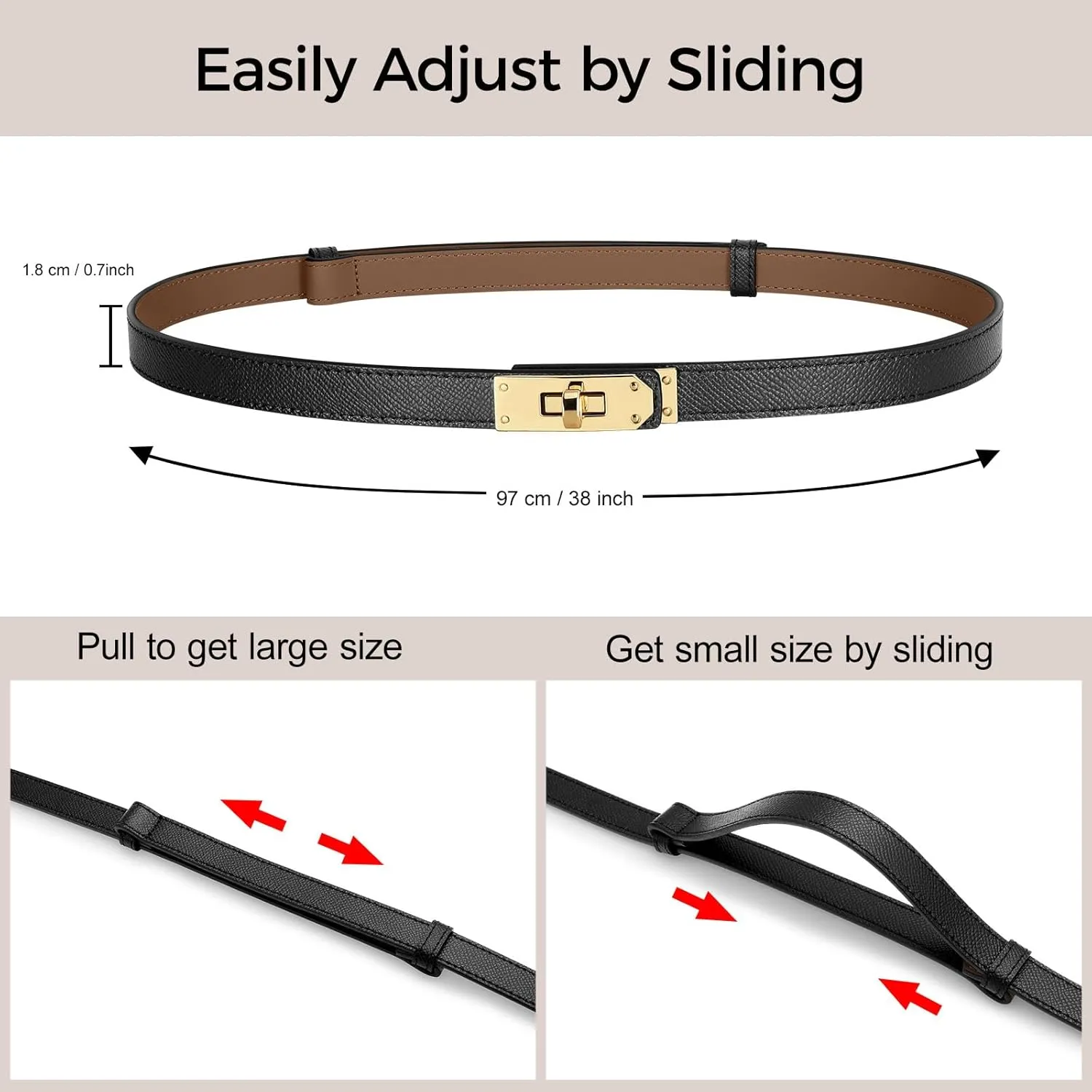 Women's Leather Thin Belt with Adjustable Turnlock Buckle for Dresses, Jeans and Jackets