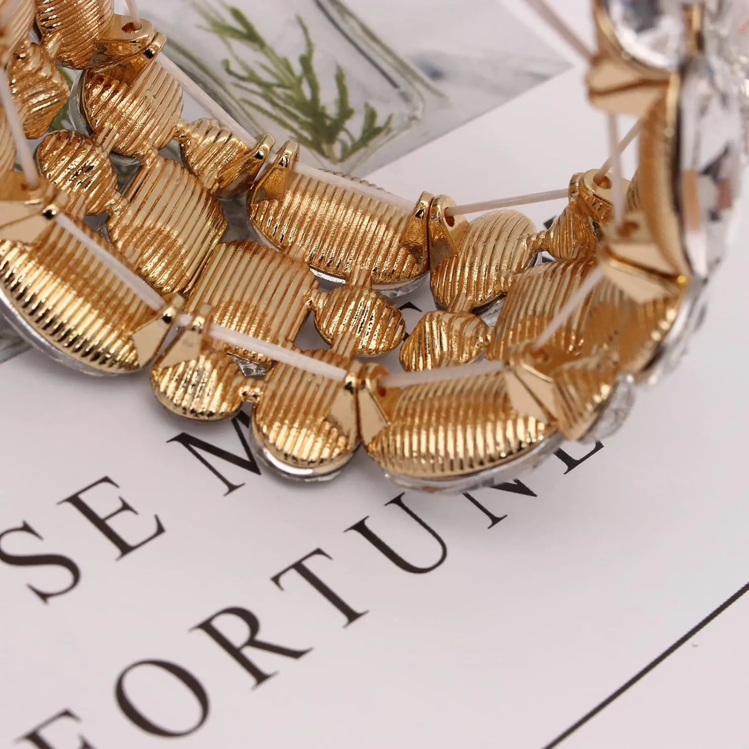 Womens Wedding Bridal Crystal Leaf Flower Stretch Bangle Elastic Wide Bracelet Jewelry for Brides Bridesmaid
