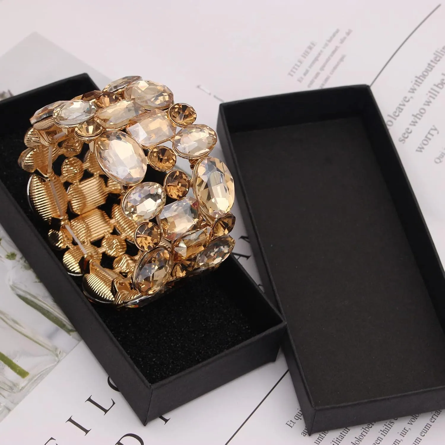 Womens Wedding Bridal Crystal Leaf Flower Stretch Bangle Elastic Wide Bracelet Jewelry for Brides Bridesmaid