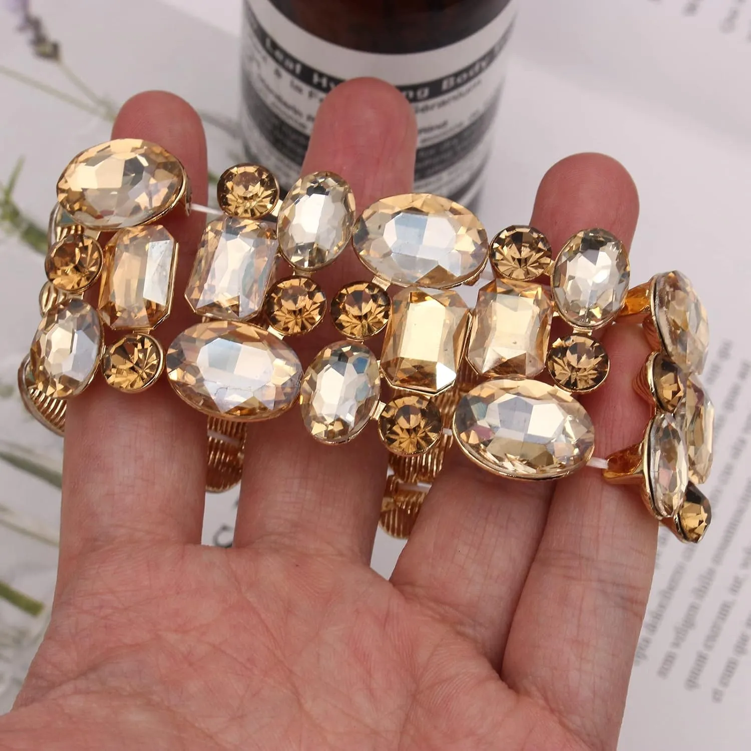 Womens Wedding Bridal Crystal Leaf Flower Stretch Bangle Elastic Wide Bracelet Jewelry for Brides Bridesmaid